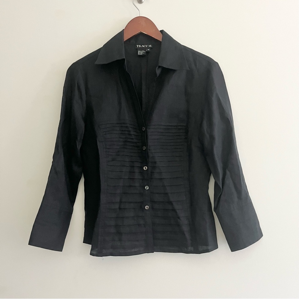 Tracy M Black 100% Linen Button Down Blouse Top w Paneled Front 3/4 Sleeves M